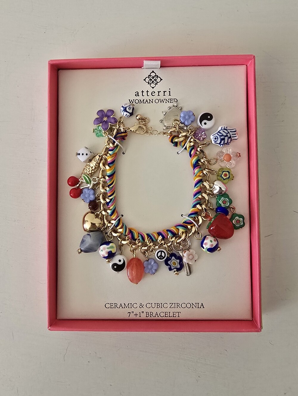 Atterri Rainbow Charm Bracelet NIB Ceramic & Cubic Zirconia